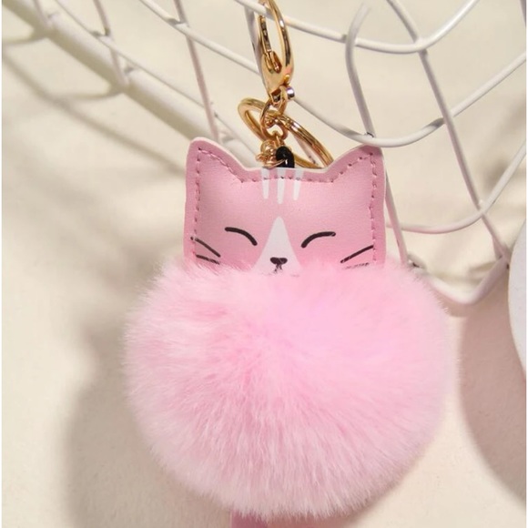 Pink Cat & Pom Pom Charm Keychain for Purse or Keys or Backpacks - Picture 4 of 4